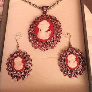 VTG NIB Red Cameo Earrings & Necklace Set